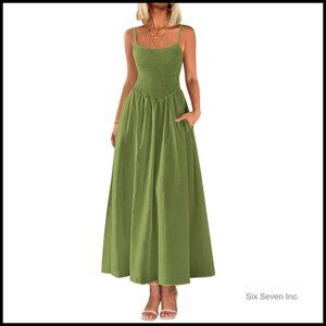 Smocked Maxi Dress Boho Flowy Sundress Spaghetti Strap A-Line Summer Casual